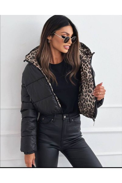 styleFlex Geacă damă Scurta Cu Glugă, cu 2 Fețe, Cu O parte Animal Print
