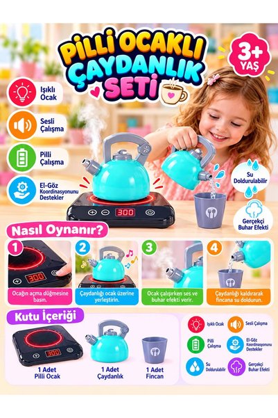BYCEGU Pilli Işıklı ve Sesli Oyuncak Ocaklı Çaydanlık Seti – Su Doldurulabili...
