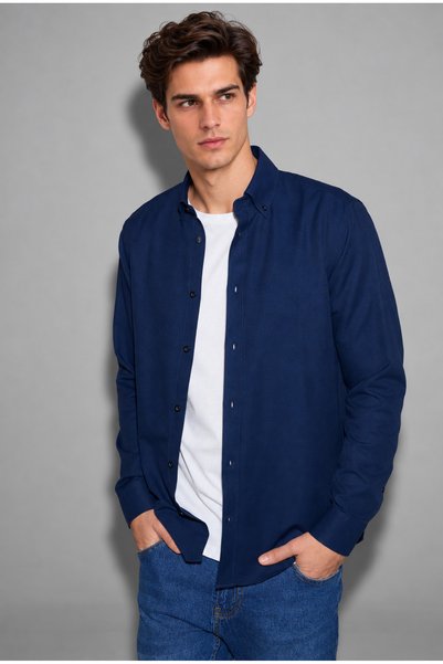 kzy giyim Men's Navy Blue Slim Long Sleeve Basic Shirt