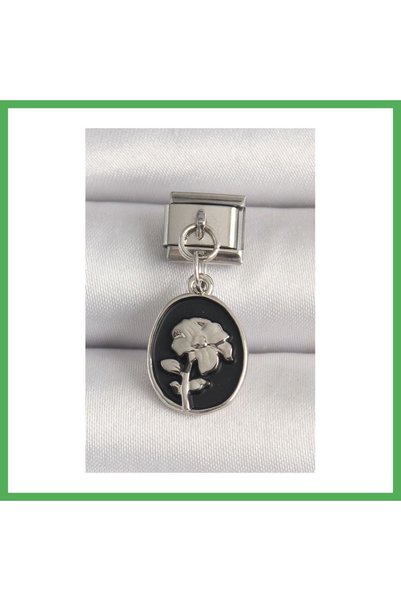 Nur store Çanta 316L Steel Silver Color Silver Flower Embroidered Black Portr...