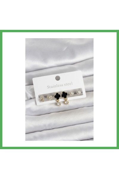 Nur store Çanta 316L Steel Gold Color Clover Detailed Women's Earring Set Bezoss