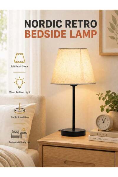 Generic XiuWoo Nordic Retro Bedside Table Lamp with Fabric Shade, E27 Desk La...