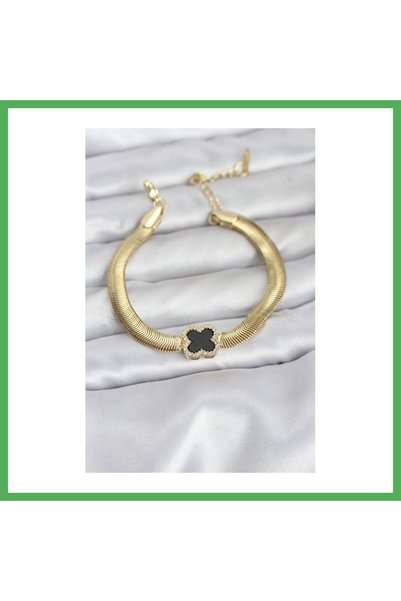 Nur store Çanta 316L Steel Gold Color Black Clover Model Zircon Stone Snake C...