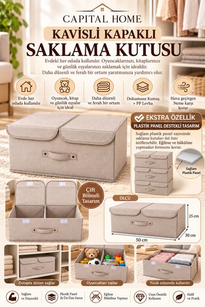 Capital Home ÇOK AMAÇLI DÜZENLEYİCİ ÇİFT KAPAK ÇİFT BÖLMELİ HURÇ + SAKLAMA KUTUSU 50x30x20 cm
