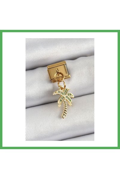 Nur store Çanta 316L Steel Dangle Zircon Stone Palm Tree Model Gold Color Nom...