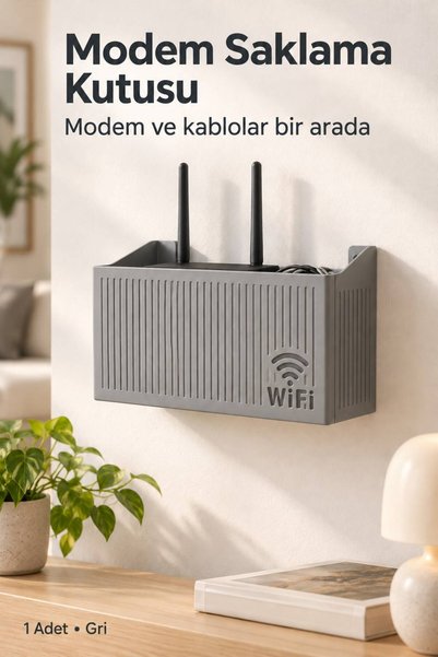 Evgereçlerim Duvar Tipi Wi-Fi Modem Saklama Kutusu Gri Kablo Düzenleyici Router Rafı Organizer