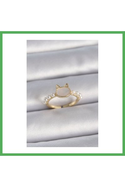 Nur store Çanta Brass Gold Color Adjustable White Enamel Cat Model Pearl Deta...