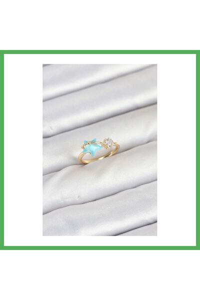 Nur store Çanta Brass Gold Color Blue Star Model Women's Ring Bezoss