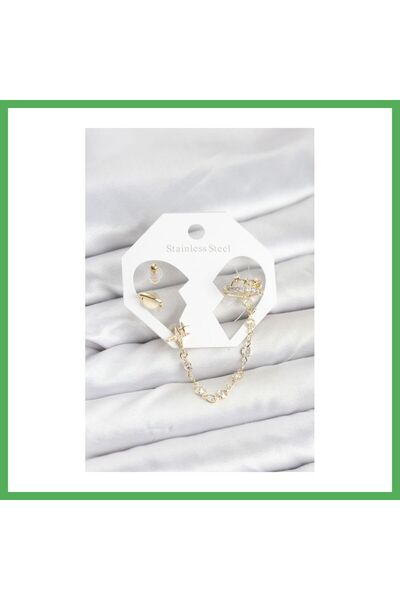 Nur store Çanta Brass Gold Color Space Model Chain Linked Ear Cuff Earring Se...