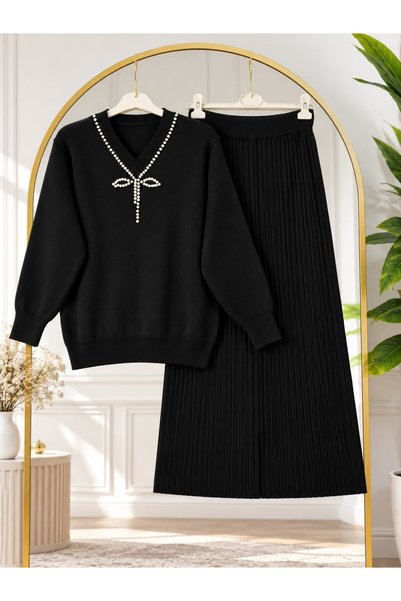modasindoma Women's Hijab Stone Embroidered Skirted Knitwear Set Black