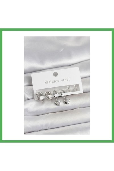 Nur store Çanta 316L Steel Silver Color Detailed Women's Earring Set Bezoss