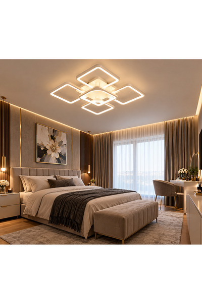 Led Lustra Modernă cu Design Geometric, Lumină Caldă și Rame Pătrate echivale...