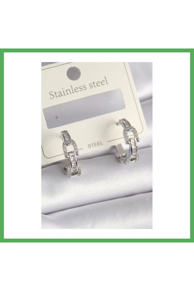 Nur store Çanta Brass Silver Color Zircon Stone Chain Model Women's Earrings ...