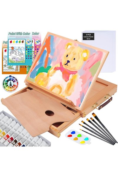 Falling In art Beechwood Tabletop Easel Set with 12 Tubes Acrylic Paints, Can...