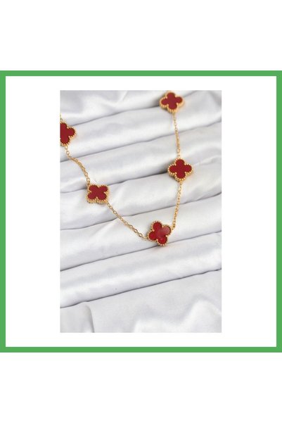 Nur store Çanta 316L Steel Gold Color Chain Claret Red Clover Women's Necklac...