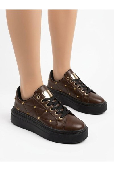 MODA-XI Women's Brown Quilted Detailed Gold Studded Embroidered Thick Sole La...