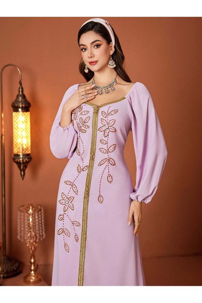 BEAUTY AMINAH Gold-Embroidered Puff-Sleeve Maxi Dress