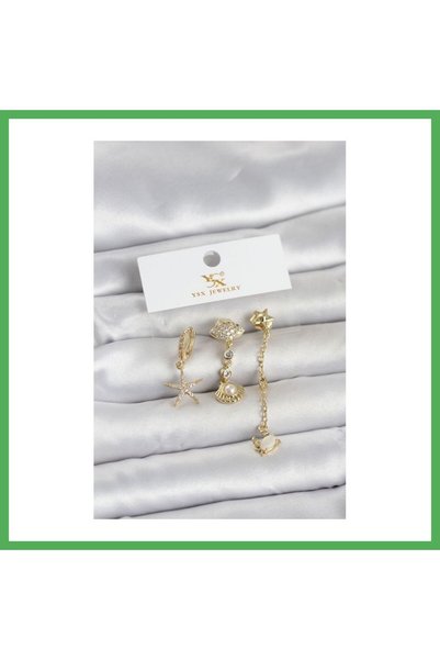 Nur store Çanta Brass Gold Color Zircon Stone Sea Themed 3-Piece Women's Earr...