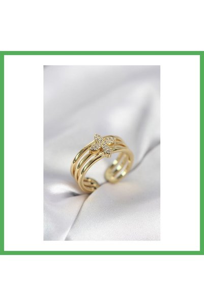 Nur store Çanta Gold Color Zircon Stone Clover Model Women's Ring Bezoss