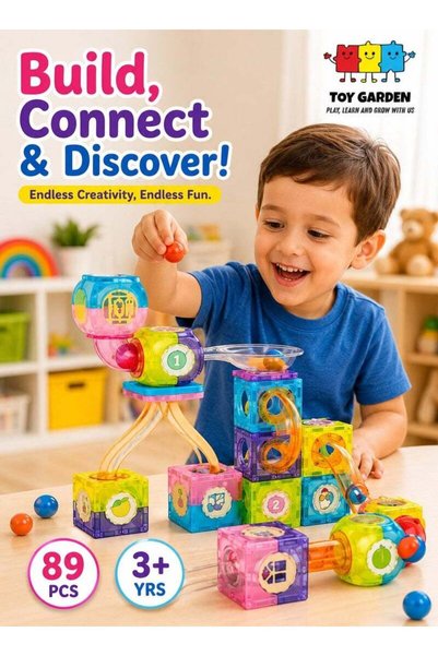 TOY GARDEN 89-Piece Magnetic Blocks Rolling Ball Playset, STEM Magnetic Build...