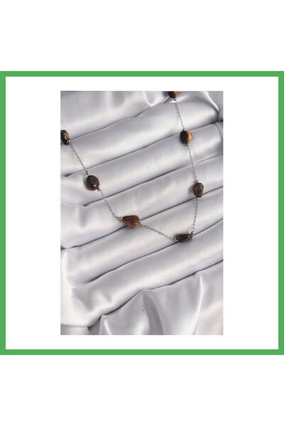 Nur store Çanta 316L Steel Silver Color Chain Brown Natural Stone Model Women...