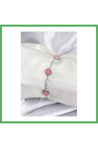 Nur store Çanta 316L Steel Silver Color Pink Baby Boy Clover Women's Bracelet...