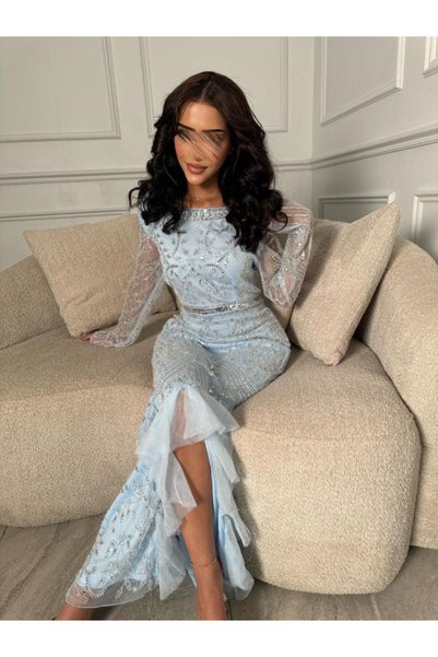 it's Mine فستان سهرة شك بثنايا من الأمام سماوي