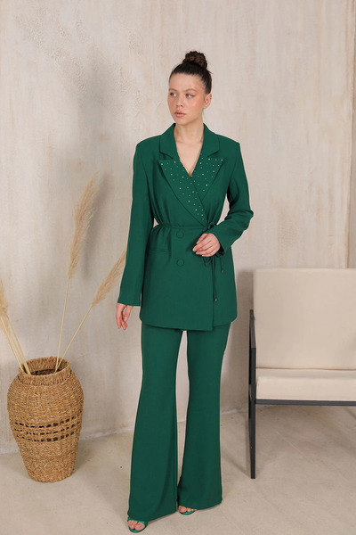 Melike Tatar Jacket Suit with Stone Collar 32-2083