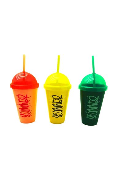 INURA GLOBAL Summer Plastic Cup with Lid and Straw 450 ml Pack of 12