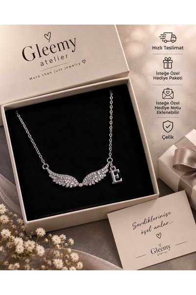 Gleemy accesories Özel Kutulu Kişiye Özel Harfli Gümüş Renk Çelik Melek Kanad...