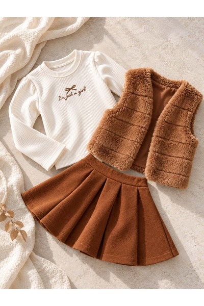 Lolliboomkids Girl's Brown Plush Vest, Pleated Mini Skirt, Ecru Blouse Includ...