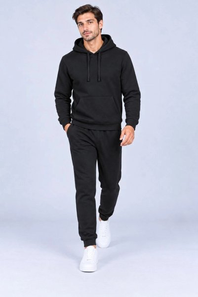 GurkStore طقم بدلة رياضية للرجال بثلاثة خيوط وجيوب كنغر وقلنسوة - أسود