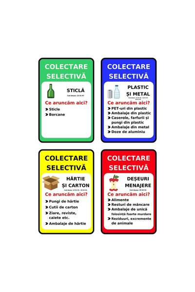 PAS Set 4 autocolante pentru colectare selectivă, PVC autoadeziv, 20 x 30 cm