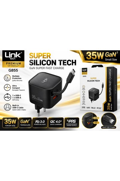 Linktech Hızlı Şarj Adaptörü G855 35W GaN3 – Dahili Type-C Kablolu Çift Çıkışlı Şarj Cihazı