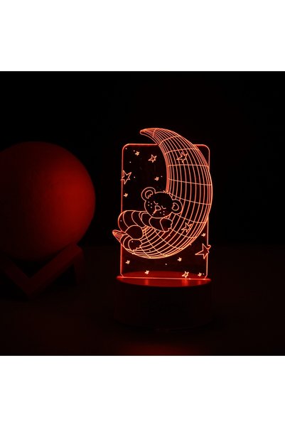Generic Brand Lampă LED decorativă, 3D, Ursuleț și Semilună, cu telecomandă, alb