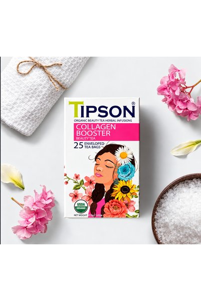 Tipson تيبسون شاي كولاجين بوستر 25 كيس مغلف منفرد شاي أعشاب معتمد USDA ونون ج...