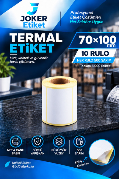 JOKER ETİKET / 70x100 Termal Etiket / 500 Sarım / 10 Rulo / Ribonsuz Kullanım / Yapışkanlı / Koli Üstü - Kargo