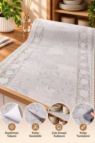 Molina Home Lace Patterned Non-Slip Base Non-Perforated Pvc Oilcloth Coffee T...