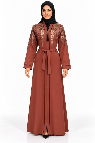 MOHAMED ZAHABI Abaya with Branch Embroidery and Belt |   Botanical Embroidere...