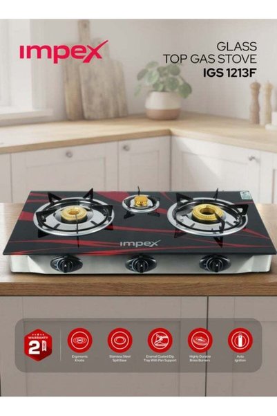 Generic Impex Gas Stove 3 Burner Glass Top with FFD - Quality Pan Support, Br...