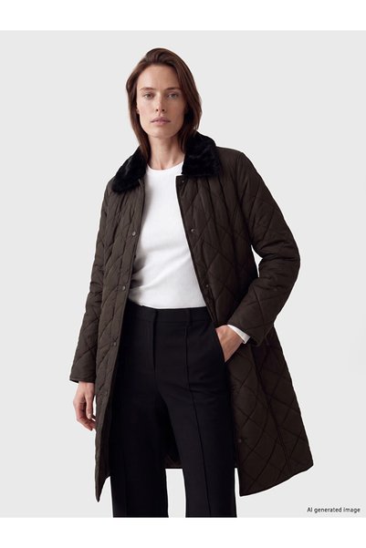LC Waikiki Khaki Fur Detailed Shirt Collar Quilted Women's Puffer Coat