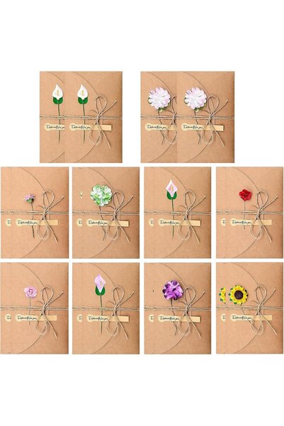 Generic 20 Pack Retro Kraft Paper Greeting Cards with Dried Flowers, Blank Th...