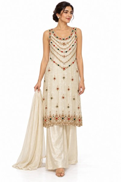 Bellissima Ivory Jewel-Embellished Sleeveless Kurta Palazzo Set