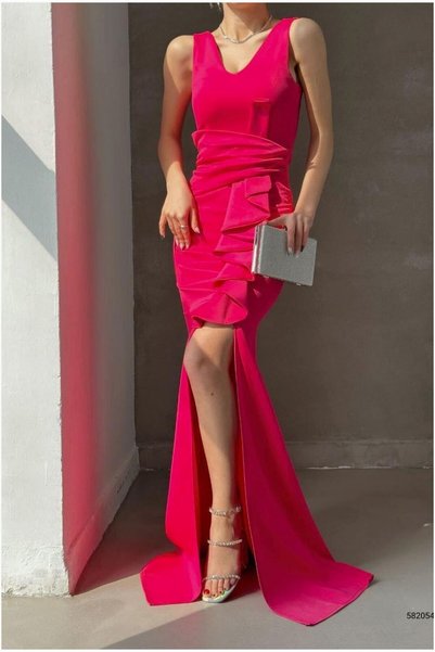 BŞK VİRGO Crepe Dress Tail Evening Dress V-Neck Fabric · Color: Saks · Size: ...