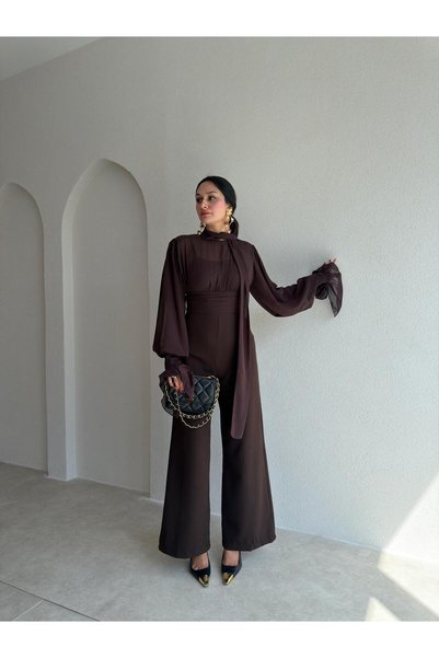 Mooi Butik STAT Transparan Detaylı Tulum 4100 - Acı Kahve
