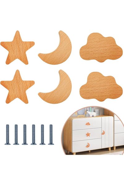 Generic 6PCS Wooden Cabinet Knobs Star Moon Cloud Shape Wood Knobs for Nurser...