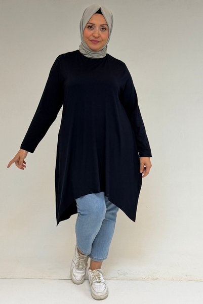 Eslina 58070 Large Size Asymmetrical Cut Combed Cotton Tunic - Navy Blue