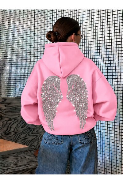 classy moda Women's Oversize Hooded Sweatshirt with Stone Back and Wing Print...
