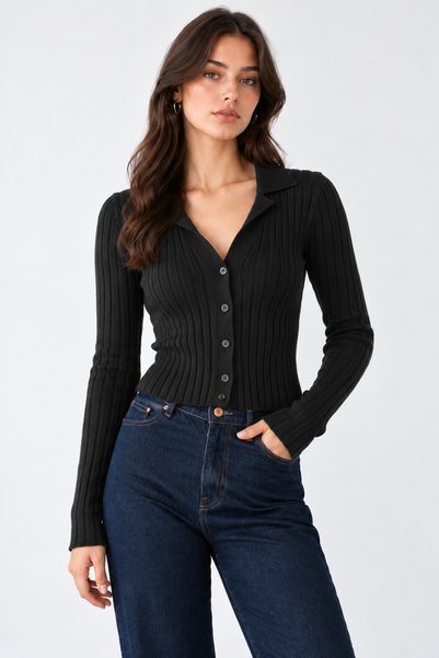 Lupies Women's Polo Collar Ribbed Buttoned Knitwear Cardigan