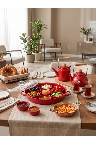 Generic طقم صينية افطار+ زبديات(إبريق شاي وبكرج سعة 1.5 لتر + 1.3 لتر) بتصميم...